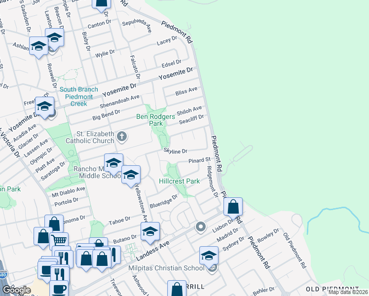 map of restaurants, bars, coffee shops, grocery stores, and more near 2235 Skyline Drive in Milpitas