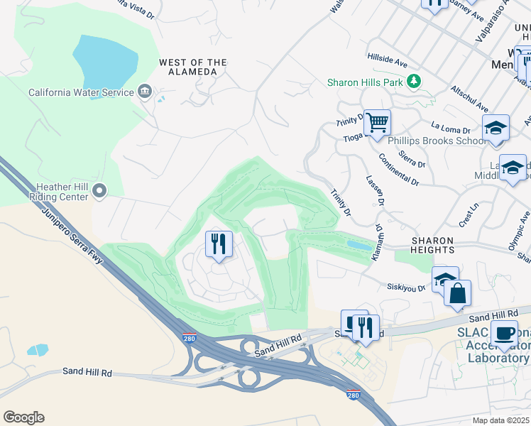 map of restaurants, bars, coffee shops, grocery stores, and more near 1290 Sharon Park Drive in Menlo Park