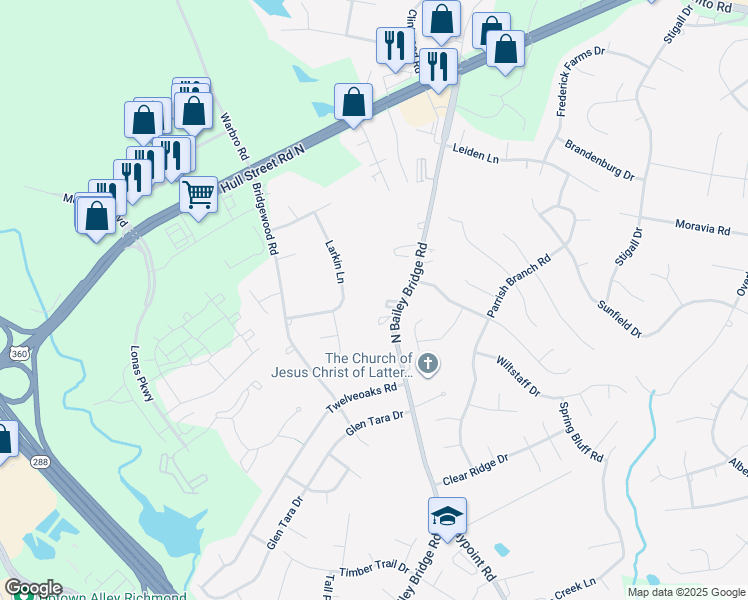 map of restaurants, bars, coffee shops, grocery stores, and more near 4312 North Bailey Bridge Road in Midlothian