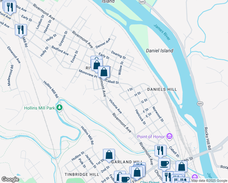 map of restaurants, bars, coffee shops, grocery stores, and more near 180 Wall Street in Lynchburg
