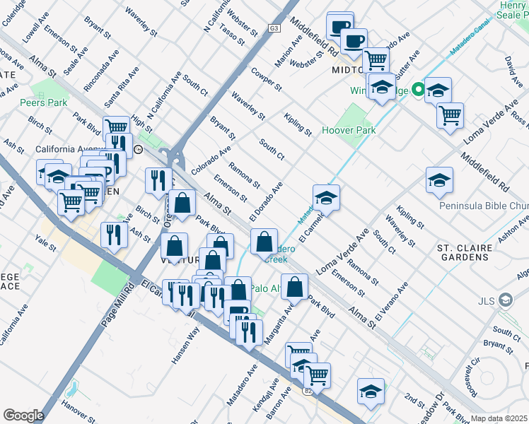 map of restaurants, bars, coffee shops, grocery stores, and more near 2811 Emerson Street in Palo Alto