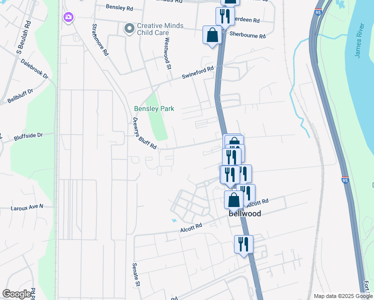 map of restaurants, bars, coffee shops, grocery stores, and more near 2669 Drewrys Bluff Road in Richmond
