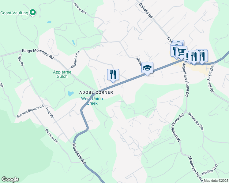 map of restaurants, bars, coffee shops, grocery stores, and more near 3323 Woodside Road in Woodside