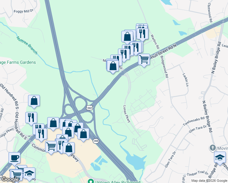 map of restaurants, bars, coffee shops, grocery stores, and more near 12529-12597 Hull Street Road in Midlothian