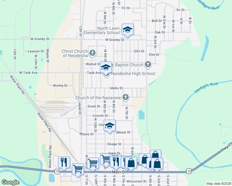 map of restaurants, bars, coffee shops, grocery stores, and more near 912 North 8th Street in Neodesha