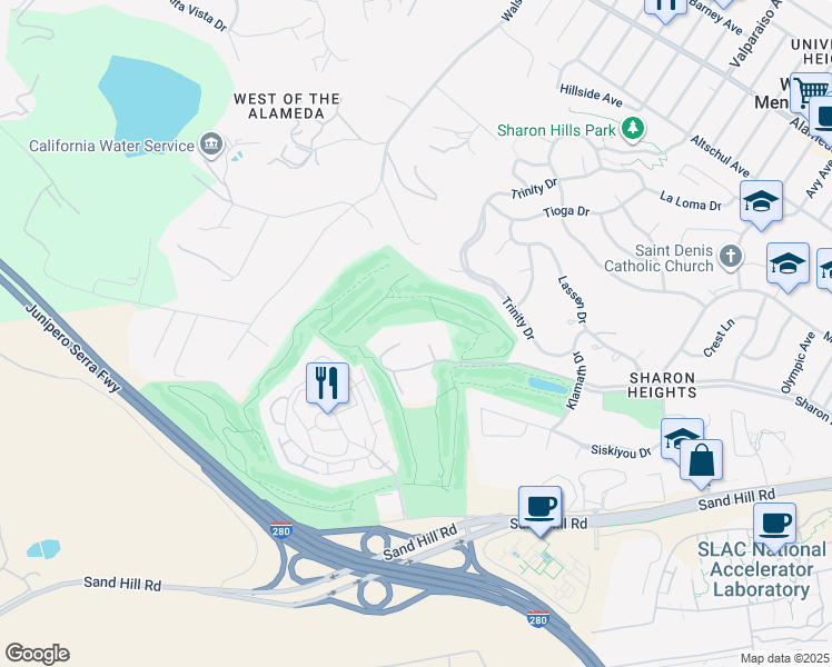map of restaurants, bars, coffee shops, grocery stores, and more near 1230 Sharon Park Drive in Menlo Park