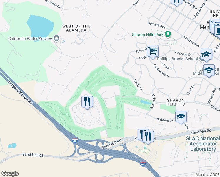 map of restaurants, bars, coffee shops, grocery stores, and more near 1230 Sharon Park Drive in Menlo Park