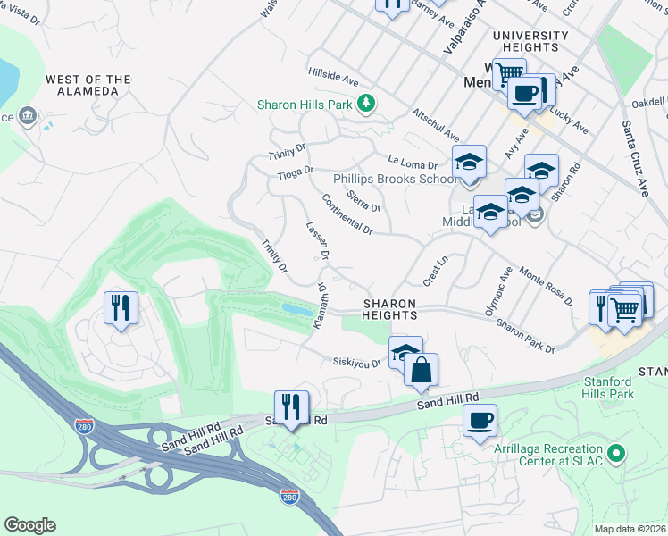 map of restaurants, bars, coffee shops, grocery stores, and more near 26 Mansion Court in Menlo Park