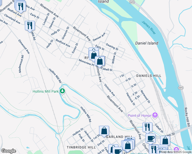 map of restaurants, bars, coffee shops, grocery stores, and more near 690 Byrd Street in Lynchburg