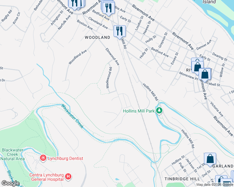 map of restaurants, bars, coffee shops, grocery stores, and more near 559 Elmwood Avenue in Lynchburg