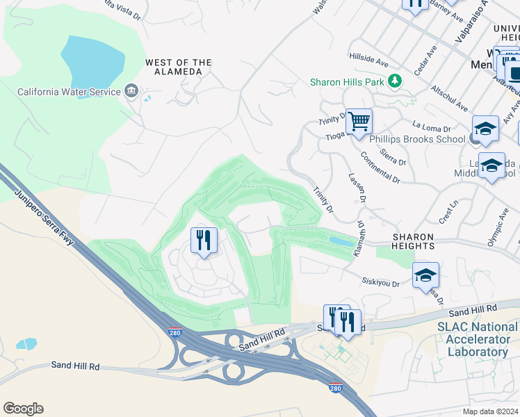 map of restaurants, bars, coffee shops, grocery stores, and more near 1290 Sharon Park Drive in Menlo Park