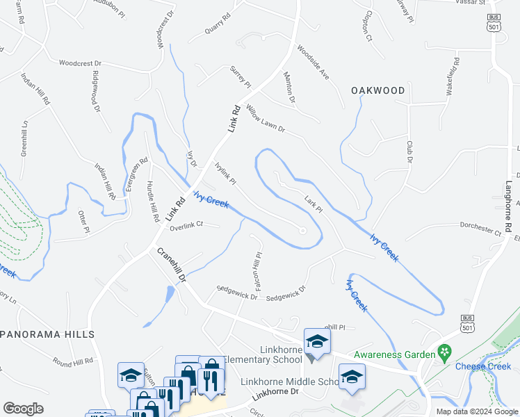 map of restaurants, bars, coffee shops, grocery stores, and more near 3440 Ivylink Place in Lynchburg