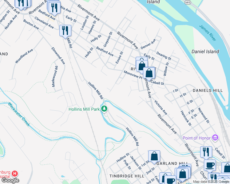 map of restaurants, bars, coffee shops, grocery stores, and more near 1408 Hampton Street in Lynchburg