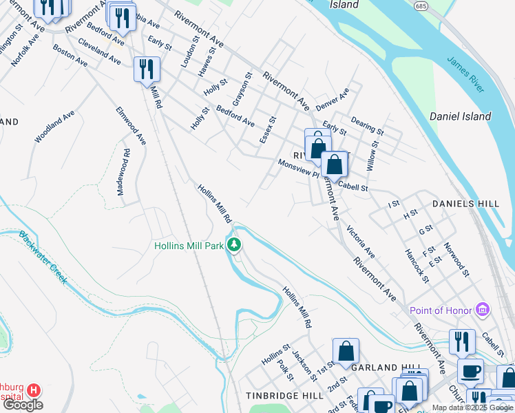 map of restaurants, bars, coffee shops, grocery stores, and more near 1408 Hampton Street in Lynchburg