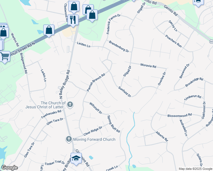 map of restaurants, bars, coffee shops, grocery stores, and more near 11530 Bailey Mountain Trail in Midlothian