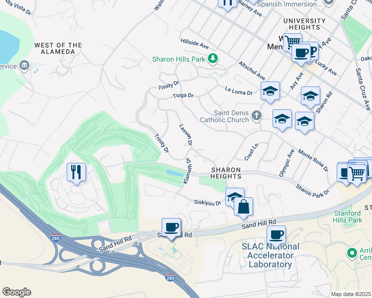 map of restaurants, bars, coffee shops, grocery stores, and more near 3 Carriage Court in Menlo Park