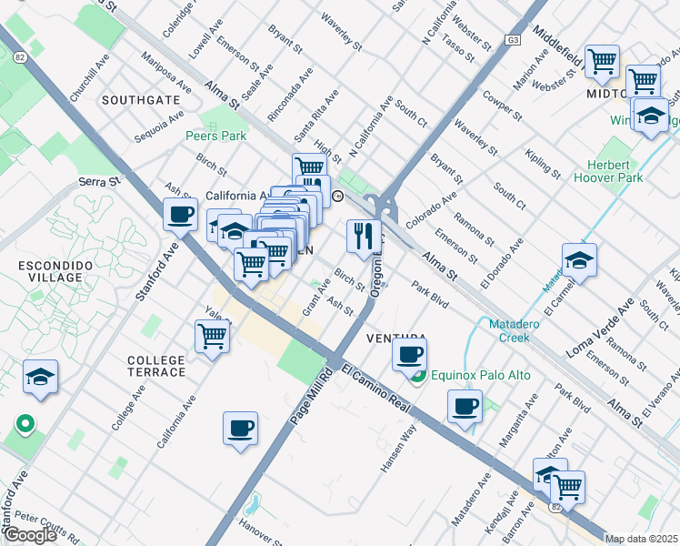 map of restaurants, bars, coffee shops, grocery stores, and more near Birch Street in Palo Alto