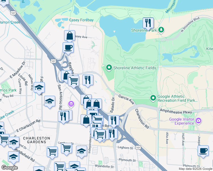 map of restaurants, bars, coffee shops, grocery stores, and more near Garcia Avenue in Mountain View