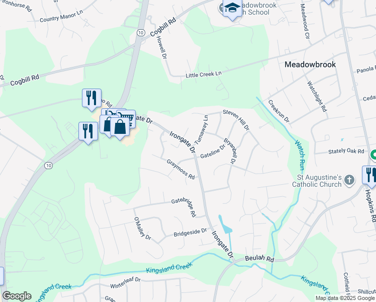 map of restaurants, bars, coffee shops, grocery stores, and more near 6703 Sandrock Court in Richmond