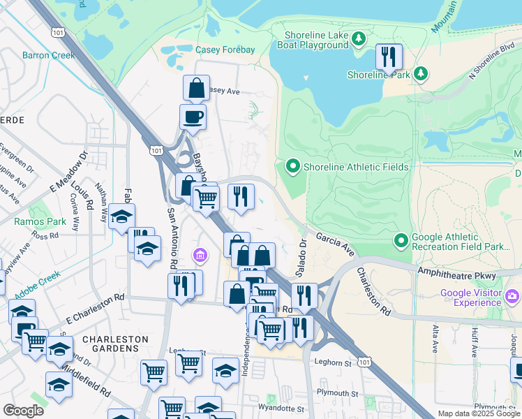 map of restaurants, bars, coffee shops, grocery stores, and more near 2525 Garcia Ave in Mountain View