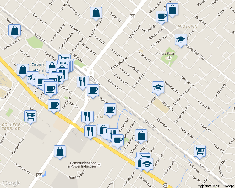 map of restaurants, bars, coffee shops, grocery stores, and more near 2711 Alma Street in Palo Alto