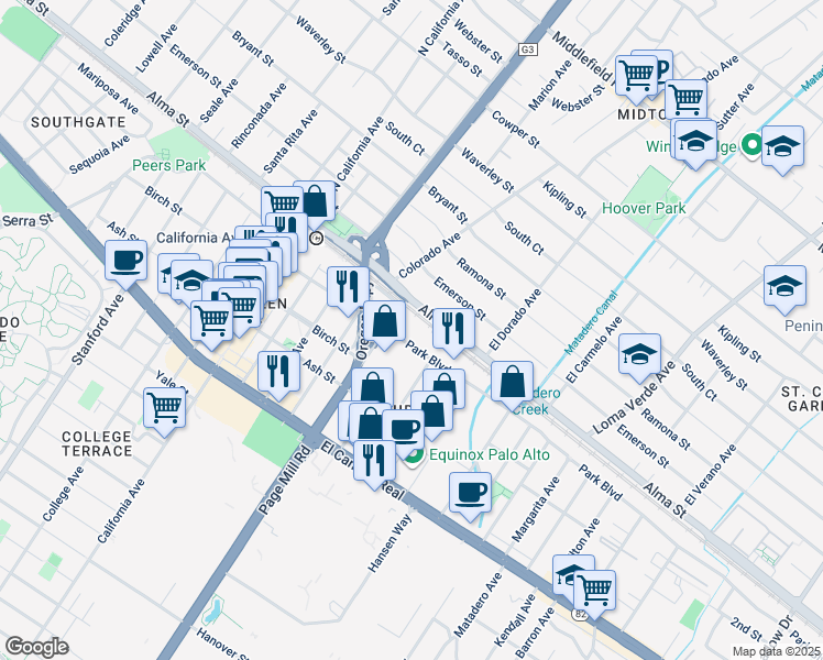 map of restaurants, bars, coffee shops, grocery stores, and more near 2901 Park Boulevard in Palo Alto