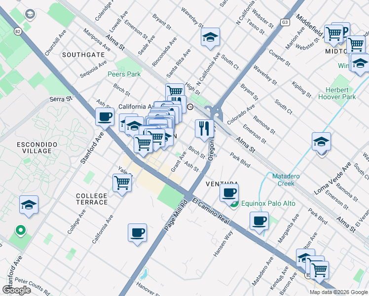 map of restaurants, bars, coffee shops, grocery stores, and more near 304 Grant Avenue in Palo Alto