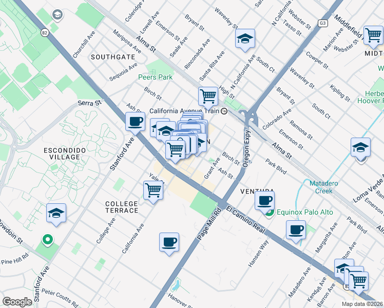 map of restaurants, bars, coffee shops, grocery stores, and more near 414 California Avenue in Palo Alto