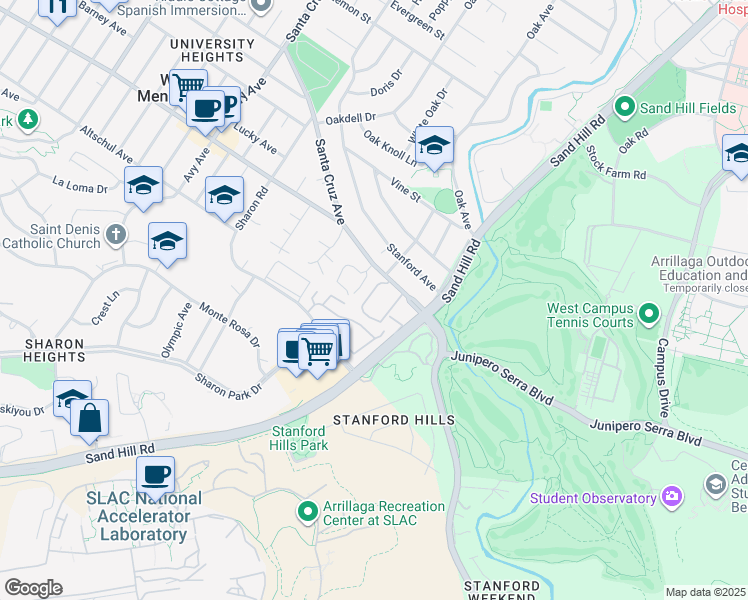 map of restaurants, bars, coffee shops, grocery stores, and more near 2140 Santa Cruz Avenue in Menlo Park