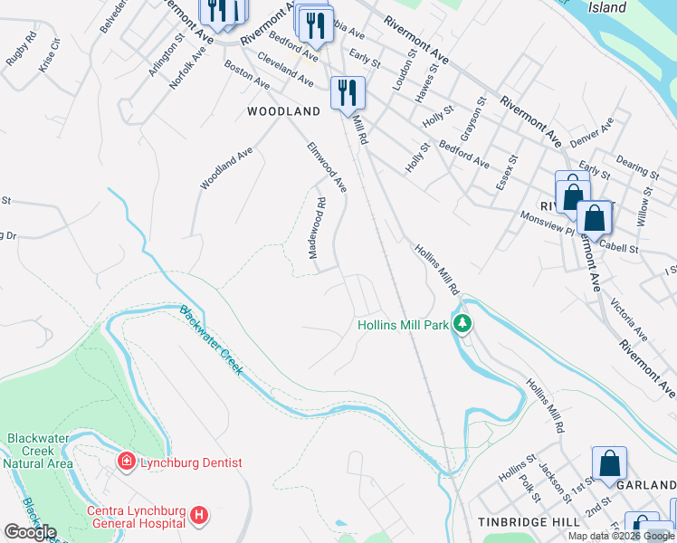 map of restaurants, bars, coffee shops, grocery stores, and more near 559 Elmwood Avenue in Lynchburg
