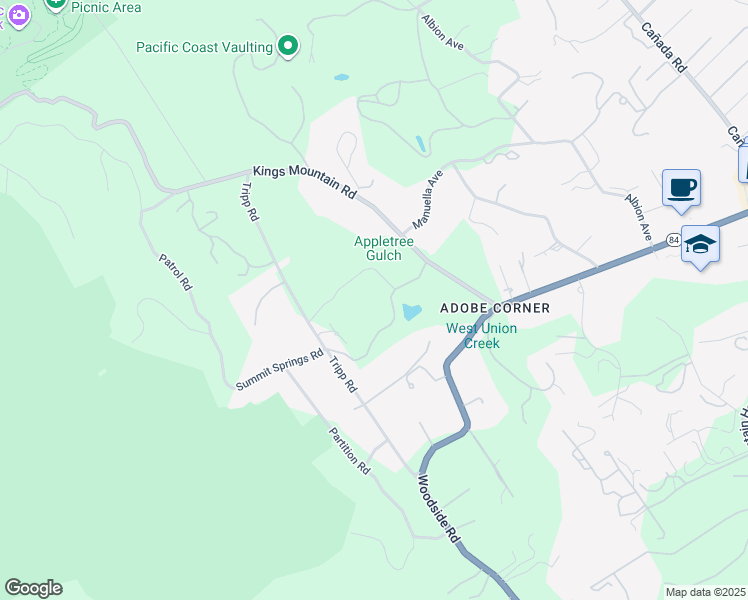 map of restaurants, bars, coffee shops, grocery stores, and more near 179 Kings Mountain Road in Woodside