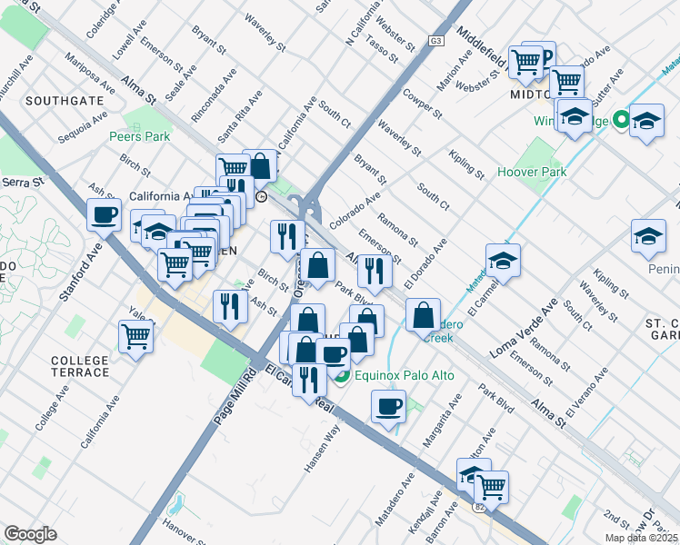map of restaurants, bars, coffee shops, grocery stores, and more near 2865 Park Boulevard in Palo Alto