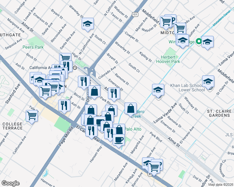 map of restaurants, bars, coffee shops, grocery stores, and more near 2711 Alma Street in Palo Alto