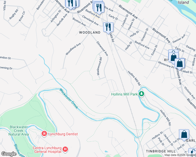 map of restaurants, bars, coffee shops, grocery stores, and more near 545 Madewood Road in Lynchburg