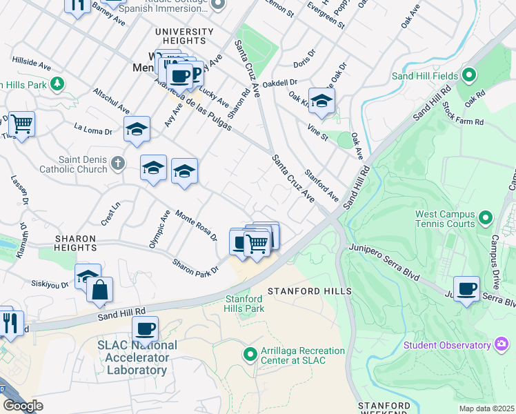 map of restaurants, bars, coffee shops, grocery stores, and more near 2371 Sharon Oaks Drive in Menlo Park