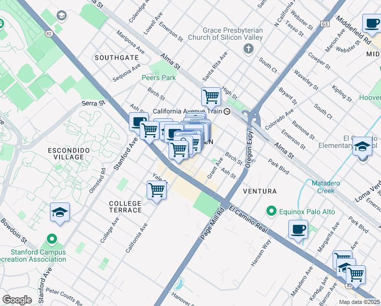 map of restaurants, bars, coffee shops, grocery stores, and more near 414 S California Ave in Palo Alto