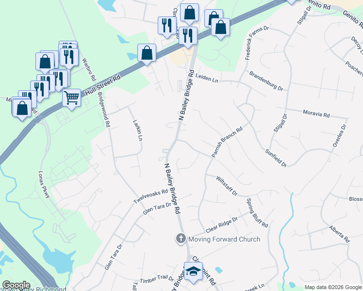 map of restaurants, bars, coffee shops, grocery stores, and more near 11743 Bailey Woods Drive in Midlothian