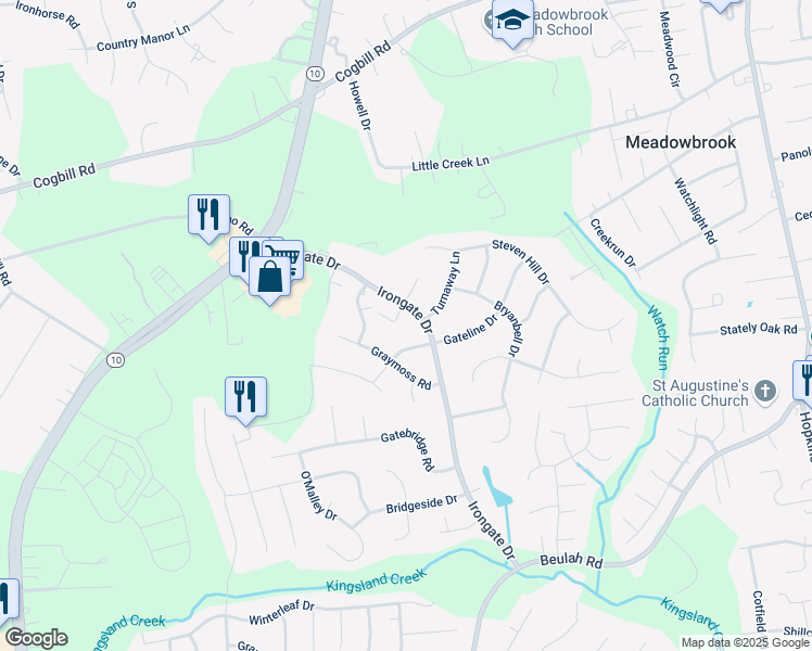 map of restaurants, bars, coffee shops, grocery stores, and more near 6703 Sandrock Court in Richmond