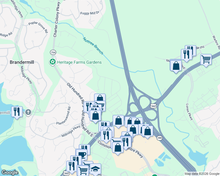 map of restaurants, bars, coffee shops, grocery stores, and more near 12700 Hull Street Road in Midlothian