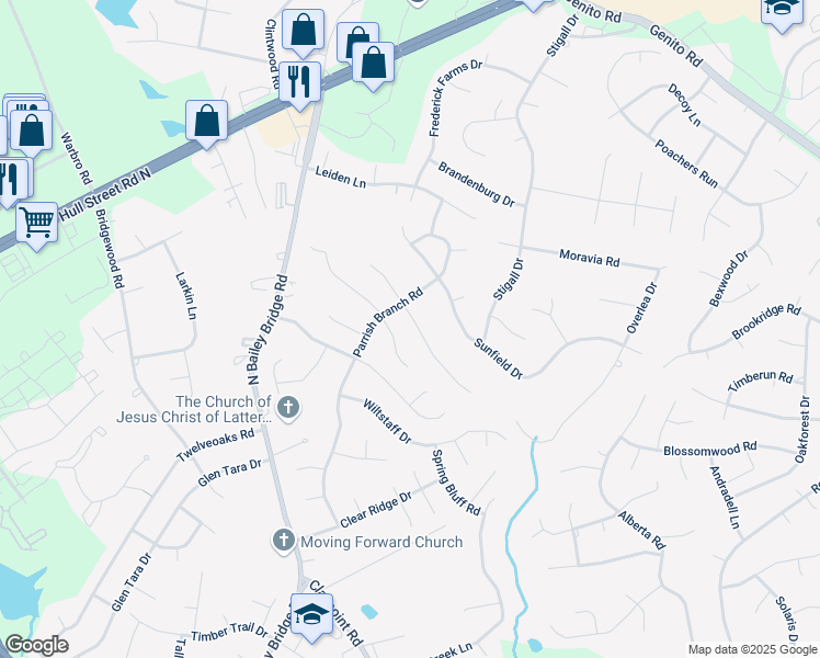 map of restaurants, bars, coffee shops, grocery stores, and more near 11543 Bailey Mountain Trail in Midlothian