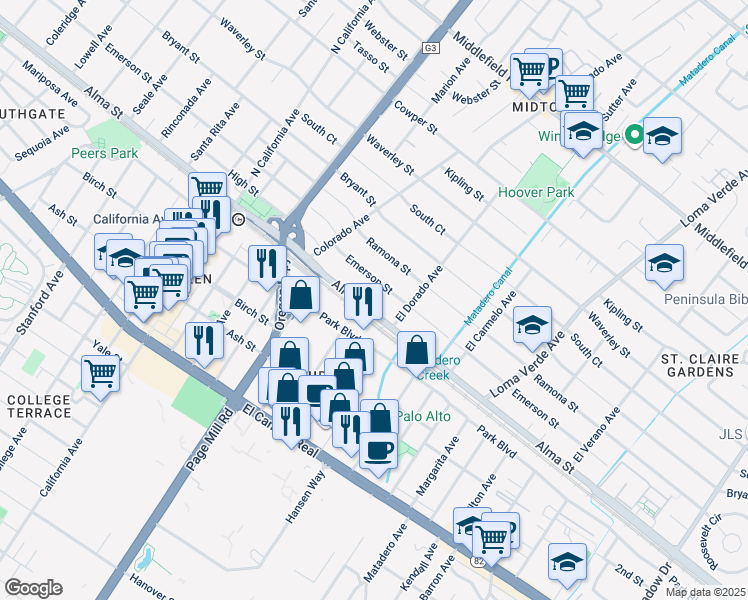 map of restaurants, bars, coffee shops, grocery stores, and more near 2711 Alma Street in Palo Alto