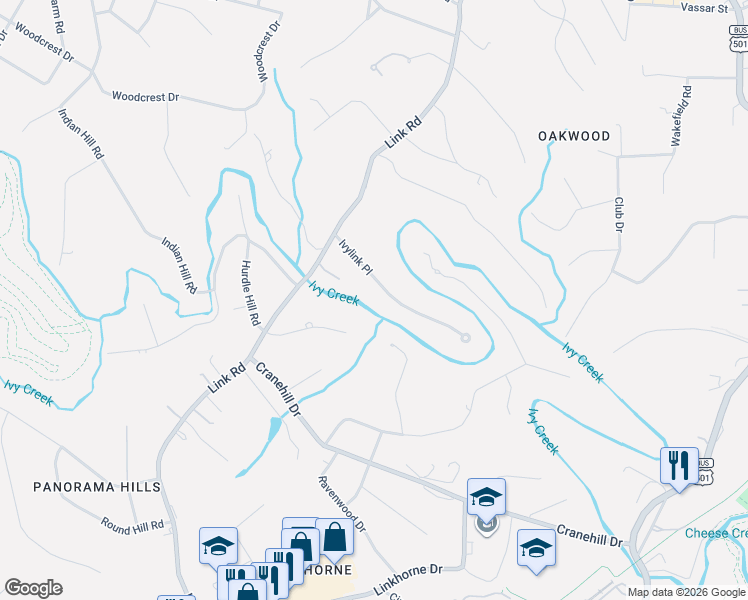 map of restaurants, bars, coffee shops, grocery stores, and more near 3451 Ivylink Place in Lynchburg
