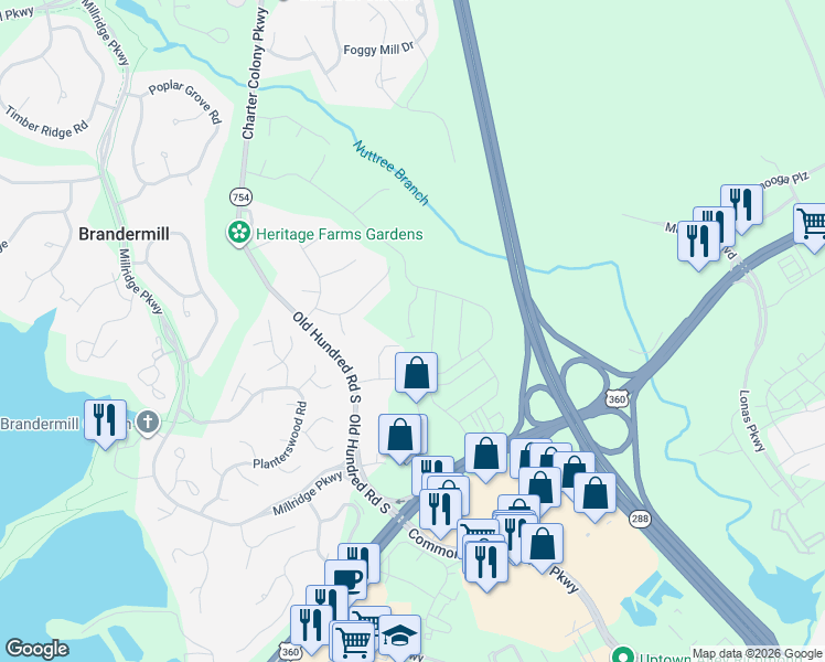 map of restaurants, bars, coffee shops, grocery stores, and more near 4561 Lifestyle Lane in Midlothian