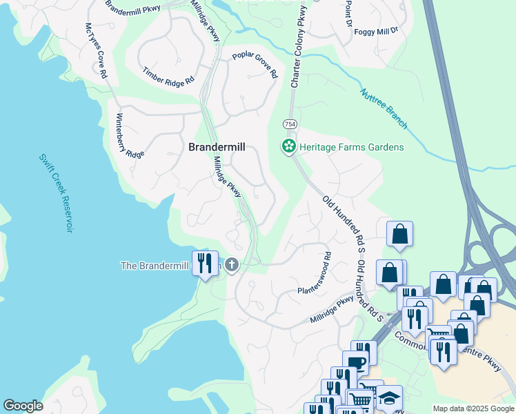 map of restaurants, bars, coffee shops, grocery stores, and more near 4467 Old Fox Court in Midlothian