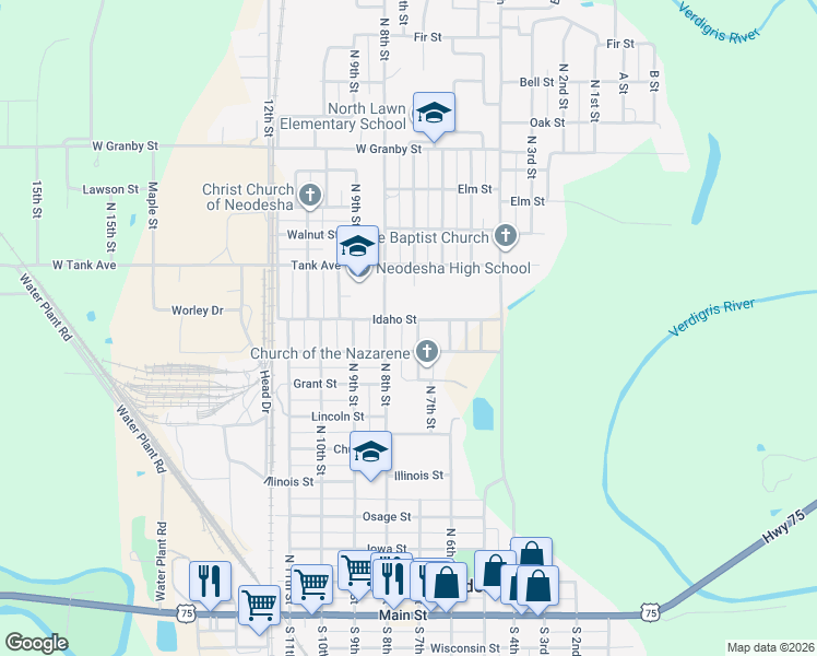map of restaurants, bars, coffee shops, grocery stores, and more near 912 North 8th Street in Neodesha