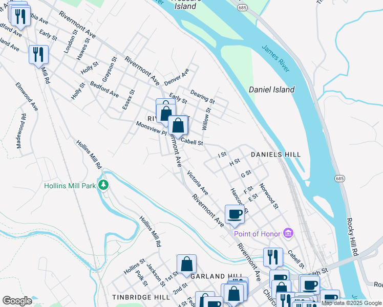 map of restaurants, bars, coffee shops, grocery stores, and more near 1006 Randolph Street in Lynchburg