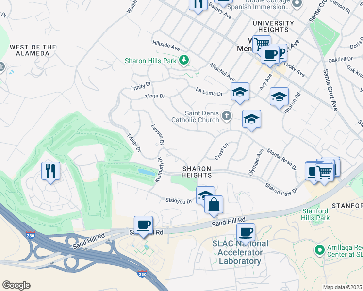 map of restaurants, bars, coffee shops, grocery stores, and more near 44 Mansion Court in Menlo Park