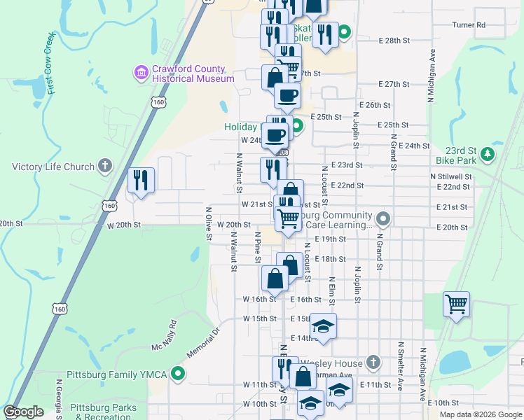 map of restaurants, bars, coffee shops, grocery stores, and more near 2011 North Broadway in Pittsburg
