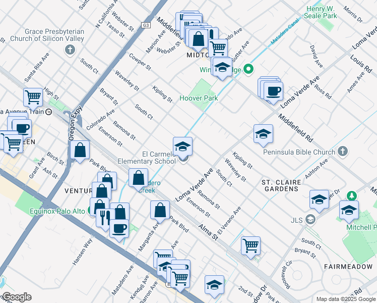 map of restaurants, bars, coffee shops, grocery stores, and more near 3000 South Court in Palo Alto