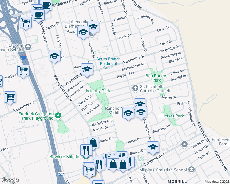 map of restaurants, bars, coffee shops, grocery stores, and more near 1662 Everglades Drive in Milpitas